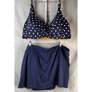 Lands' End 2 Piece Swim Suit Size 24W Navy Underwire Bra & Swim Skirt Polka Dot